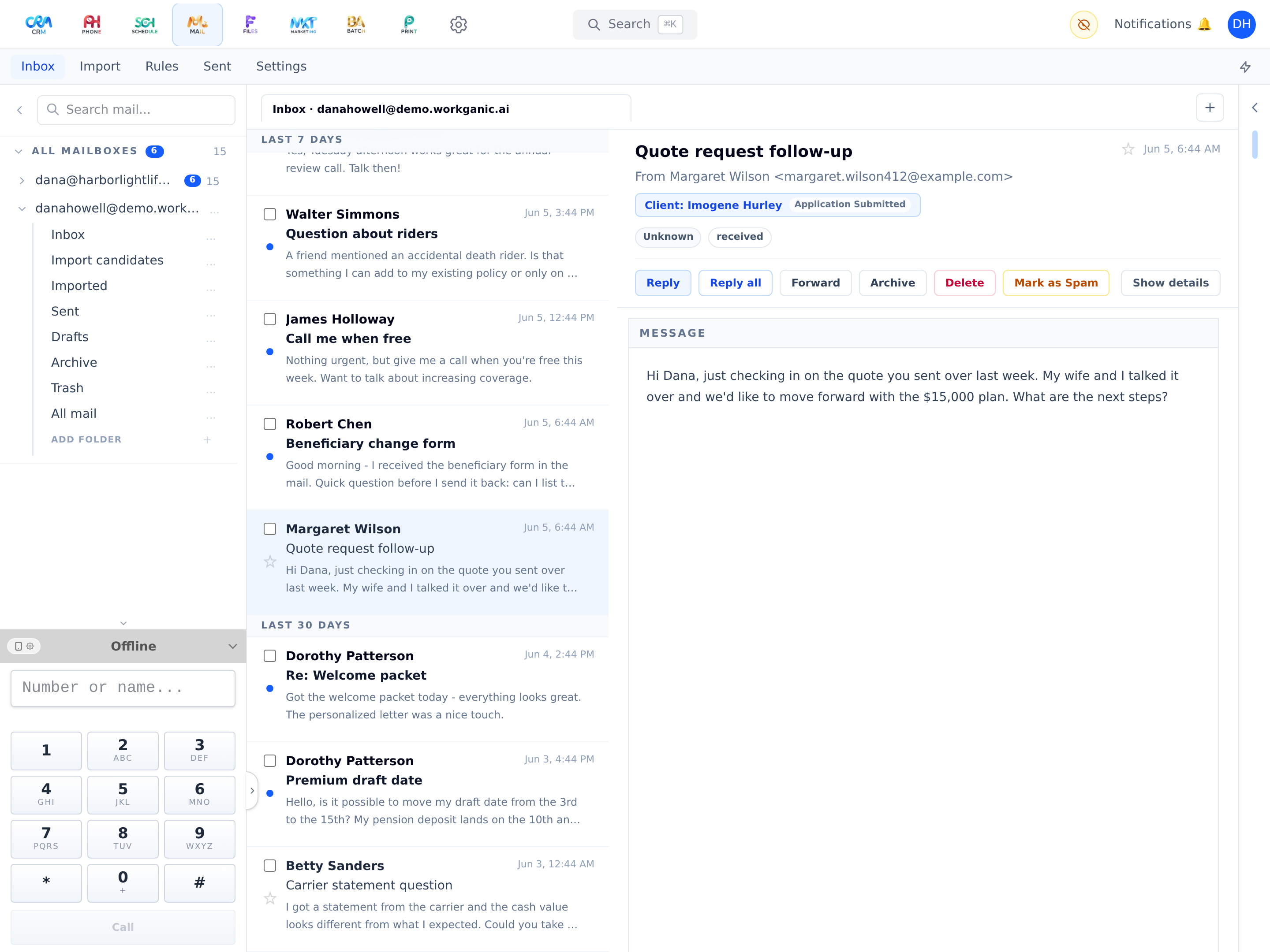 Mail in the Workganic demo workspace.
